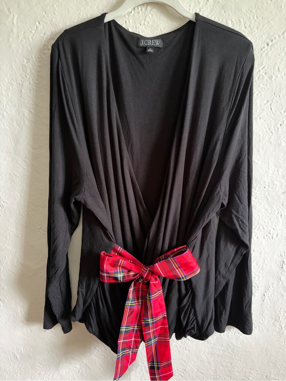 J. Crew Black Wrap Top with Red Plaid Waist Tie